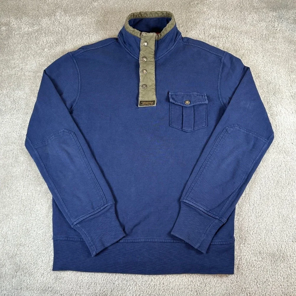 VTG Polo Ralph Lauren Pullover Mens Medium Blue Quarter Zip Military Elbow Patch